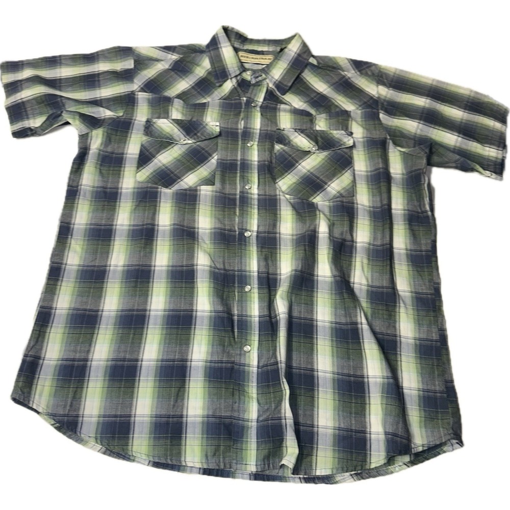 Bit‎ & Bridle Men's XL Pearl Snap Shirt Short Sleeve Western Plaid Green Blue